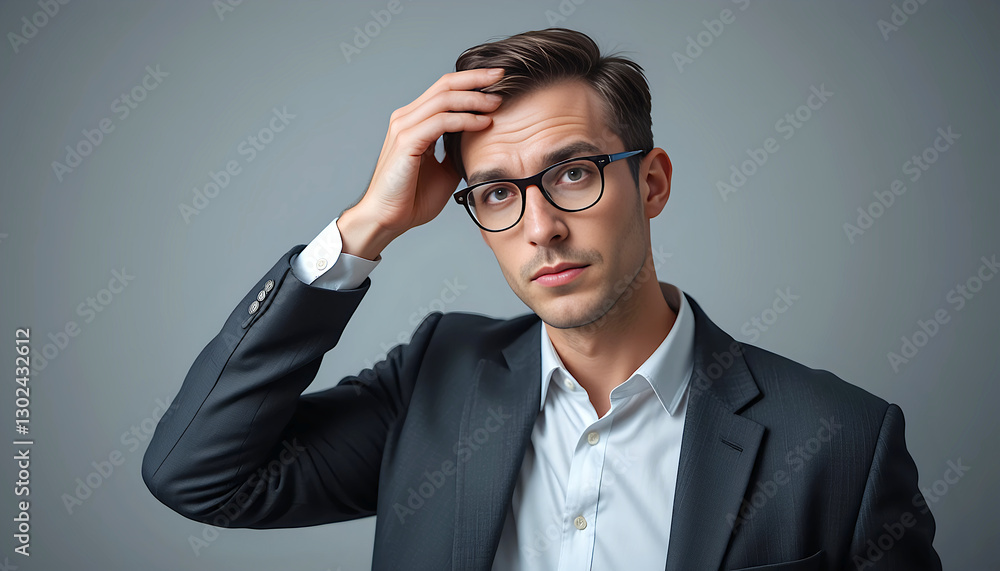 A Caucasian man wearing glasses stands against a neutral grey background, scratching his head with a thoughtful expression, trying to find a solution.
