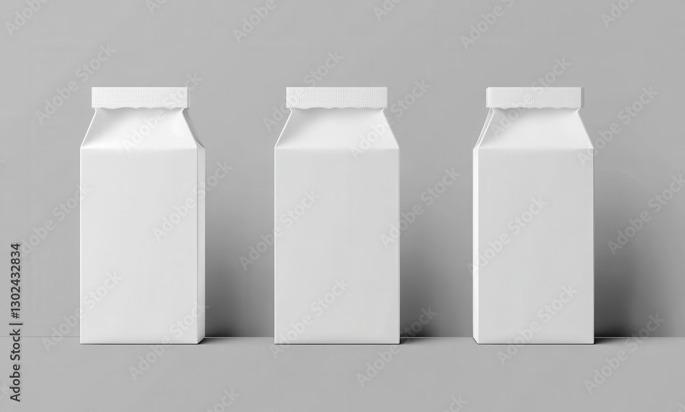 Minimalist Arrangement of Three Blank Milk Cartons on a Gray Background for Freshness, Packaging, and Product Presentation Concepts Minimalist Arrangement of Three Blank Milk Cartons on a Gray Background for Freshness, Packaging, and Product Presentation Concepts