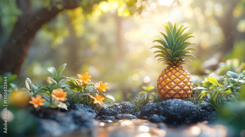 Tropical pineapple in a sunny forest stream bed Tropical pineapple in a sunny forest stream bed