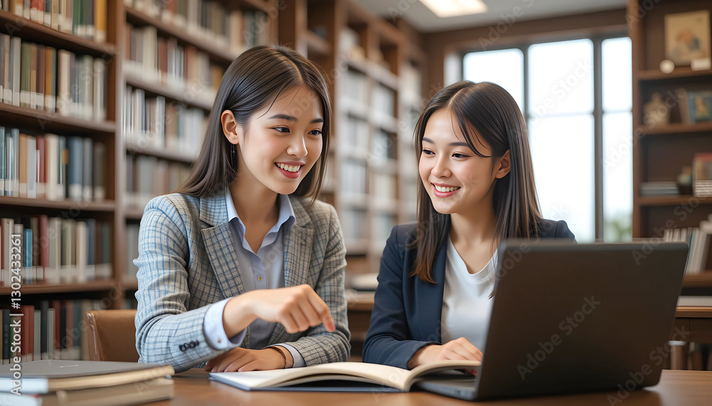 A young female teacher mentoring a student in a library, explaining a subject from a notebook A young female teacher mentoring a student in a library, explaining a subject from a notebook