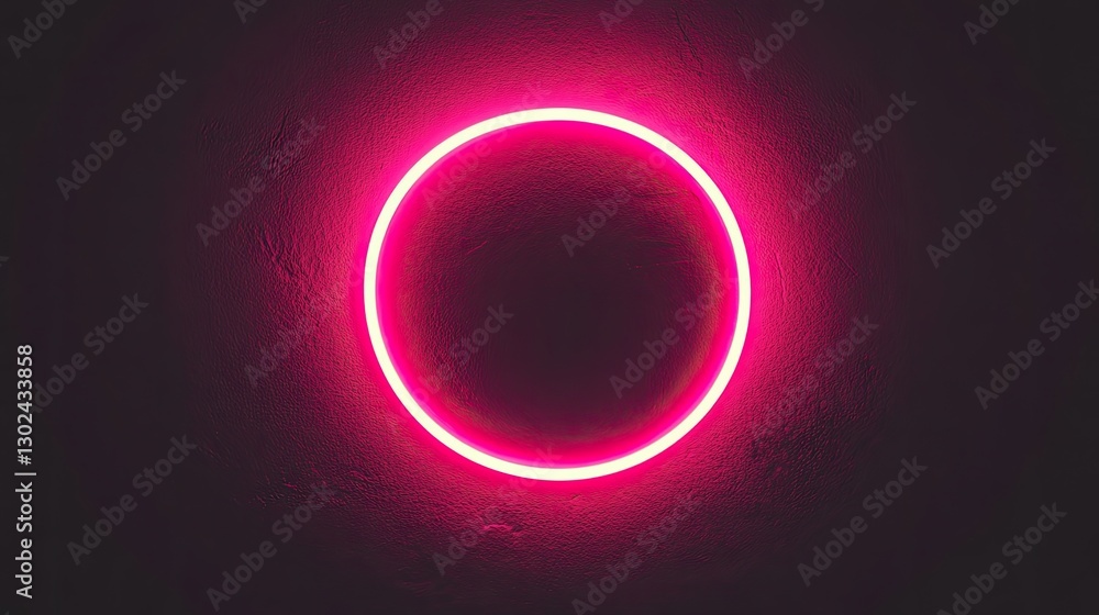 A glowing neon ring in the center of the image, surrounded by a dark background, offering room for text and design. A glowing neon ring in the center of the image, surrounded by a dark background, offering room for text and design.