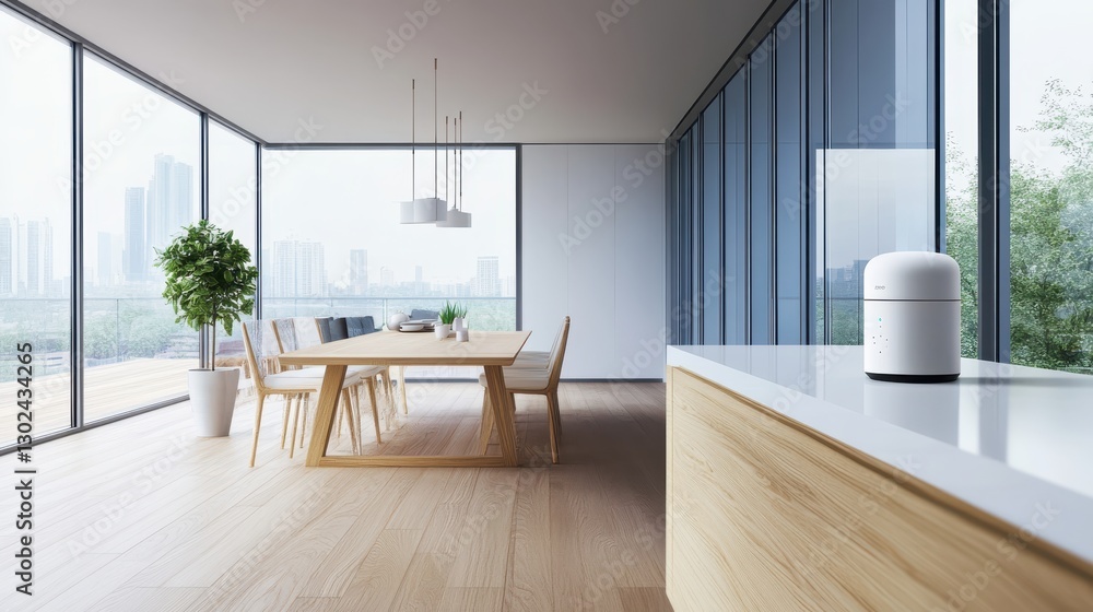 Fototapeta premium Minimal High-Tech Home Environment with Voice-Activated AI Adjusting Lighting and Temperature
