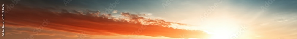 Fototapeta premium Serene Sunrise Over Majestic Horizon with Colorful Clouds and Gentle Rays of Light Piercing the Morning Sky