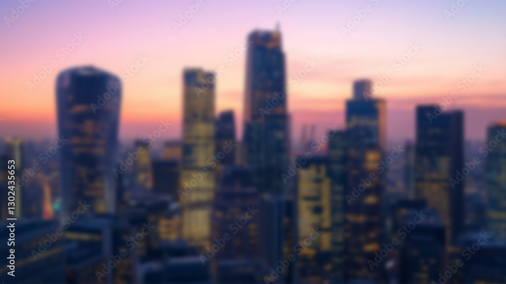 Fototapeta premium Blurred city skyline during sunset with glowing light rays and modern buildings. AI Generated Images