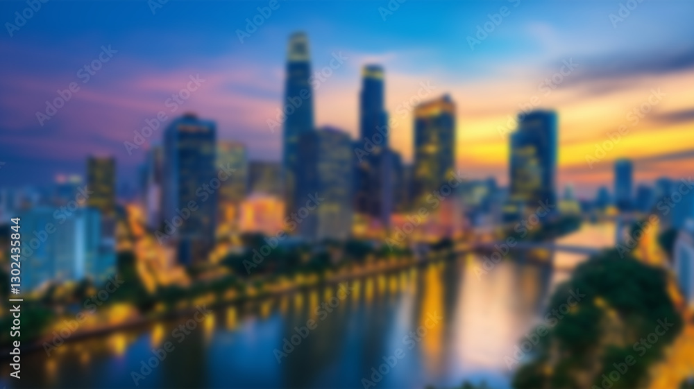 Naklejka premium Blurred cityscape with glowing lights and modern skyscrapers at dusk. AI Generated Images