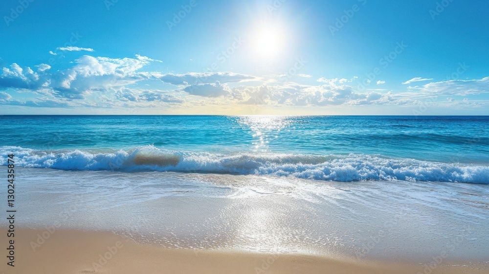 Fototapeta premium A serene beach landscape with gentle waves and a bright sun illuminating the clear blue ocean on a peaceful day.