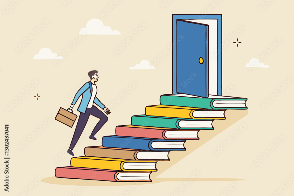 Education or learning for new opportunity, wisdom or knowledge to open door to success, solution, growth or career learning concept, businessman climb up book stack stair to reach opportunity door.