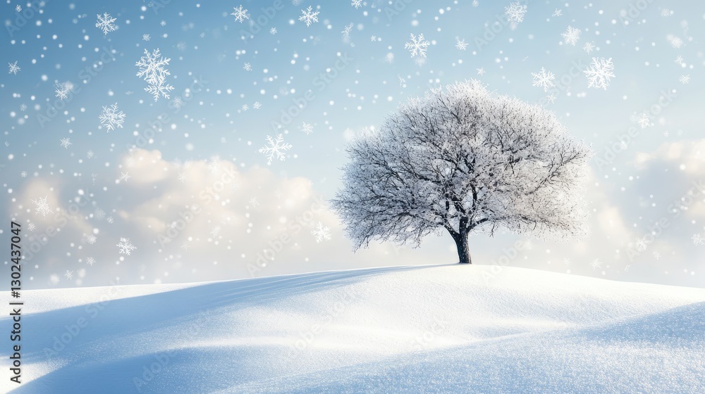 A snow-covered hill with gentle snowflakes falling and drifting down, creating a soft, still winter landscape. A snow-covered hill with gentle snowflakes falling and drifting down, creating a soft, still winter landscape.