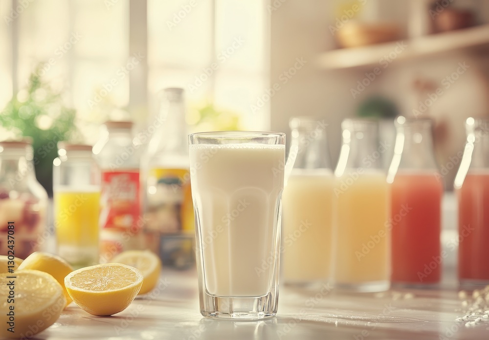 Refreshing glass of milk surrounded by assorted fruit juices and fresh lemons in a bright kitchen setting with natural light filtering through windows Refreshing glass of milk surrounded by assorted fruit juices and fresh lemons in a bright kitchen setting with natural light filtering through windows