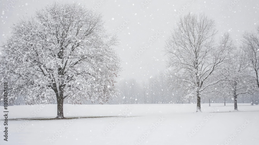 A soft snowfall over a quiet, snow-covered field, with trees lightly dusted in white and plenty of copy space. A soft snowfall over a quiet, snow-covered field, with trees lightly dusted in white and plenty of copy space.