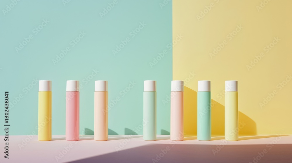 Pastel-colored skincare bottles in a minimal layout. Pastel-colored skincare bottles in a minimal layout.