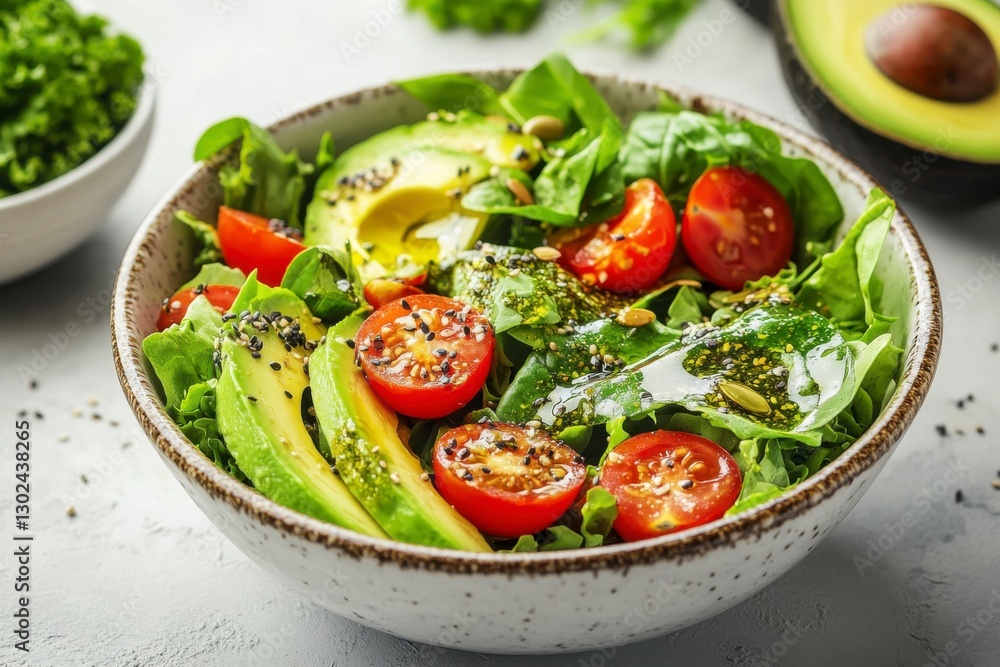 Fresh salad bowl with cherry tomatoes and avocado made with green leaf lettuce and sesame seeds Fresh salad bowl with cherry tomatoes and avocado made with green leaf lettuce and sesame seeds
