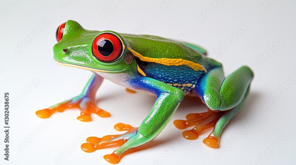 Obraz premium A stunning close-up of a vibrant green red-eyed tree frog, featuring striking blue and yellow stripes along its back, paired with captivating large red eyes