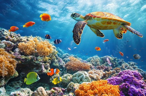Fototapeta Naklejka Na Ścianę i Meble -  Sea turtle swimming gracefully through vibrant coral reef with colorful tropical fish in crystal clear water under sunlight beams