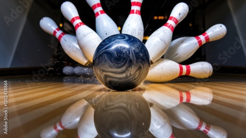 A bowling ball knocks down a row of ten wooden pins. A photo with a place for the text.