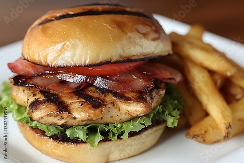 Grilled chicken sandwich with fries on white plate