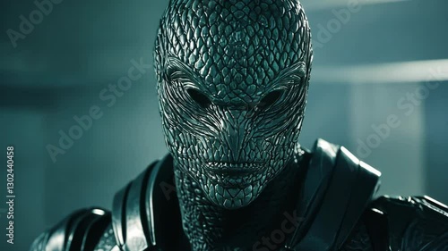 Lizard-like character in futuristic armor at an unknown location, showcasing a fierce expression amid intense lighting