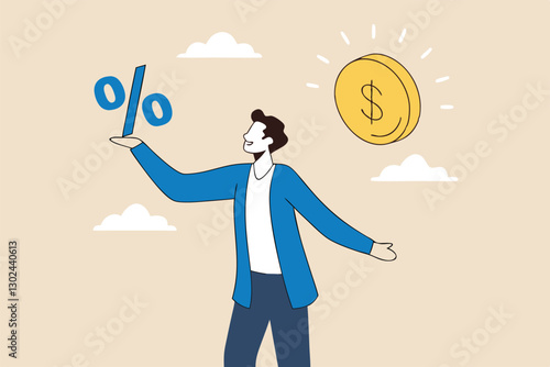 Lending, mortgage or loan interest rate, financial credit, economy growth or income tax calculation, debt or financial credit, investment concept, businessman holding dollar money coin and percentage.