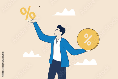 Lending, mortgage or loan interest rate, financial credit, economy growth or income tax calculation, debt or financial credit, investment concept, businessman holding dollar money coin and percentage.