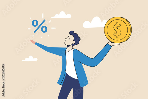 Lending, mortgage or loan interest rate, financial credit, economy growth or income tax calculation, debt or financial credit, investment concept, businessman holding dollar money coin and percentage.