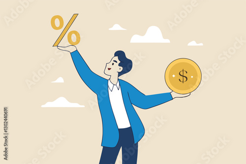 Lending, mortgage or loan interest rate, financial credit, economy growth or income tax calculation, debt or financial credit, investment concept, businessman holding dollar money coin and percentage.