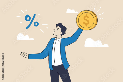 Lending, mortgage or loan interest rate, financial credit, economy growth or income tax calculation, debt or financial credit, investment concept, businessman holding dollar money coin and percentage.