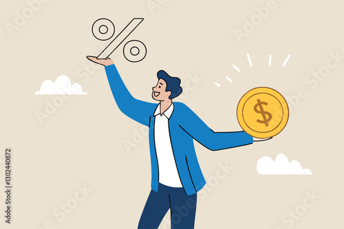 Lending, mortgage or loan interest rate, financial credit, economy growth or income tax calculation, debt or financial credit, investment concept, businessman holding dollar money coin and percentage.