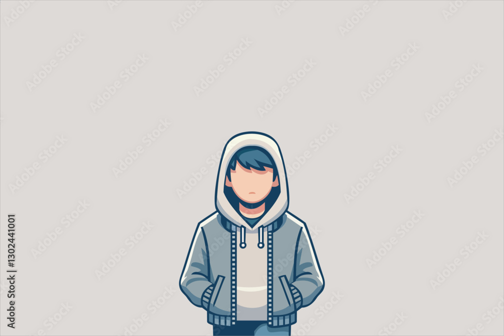 Man wearing hoodie character. Standing hands on pocket. Flat vector illustration isolated on white background. Man wearing hoodie character. Standing hands on pocket. Flat vector illustration isolated on white background.