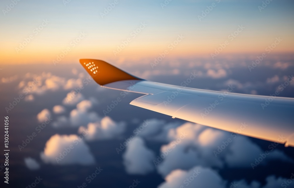 Obraz premium Serene Aircraft Wing Against Vibrant Sunset Sky with Billowing Clouds in Background Captured from Airplane Window