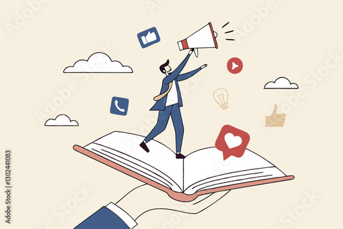 Storytelling communicate brand story or idea to listener, narrative message, content or article writing or advertising creativity concept, young man on opening book telling story on megaphone