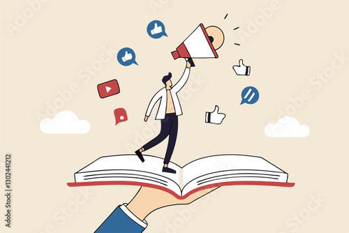 Storytelling communicate brand story or idea to listener, narrative message, content or article writing or advertising creativity concept, young man on opening book telling story on megaphone