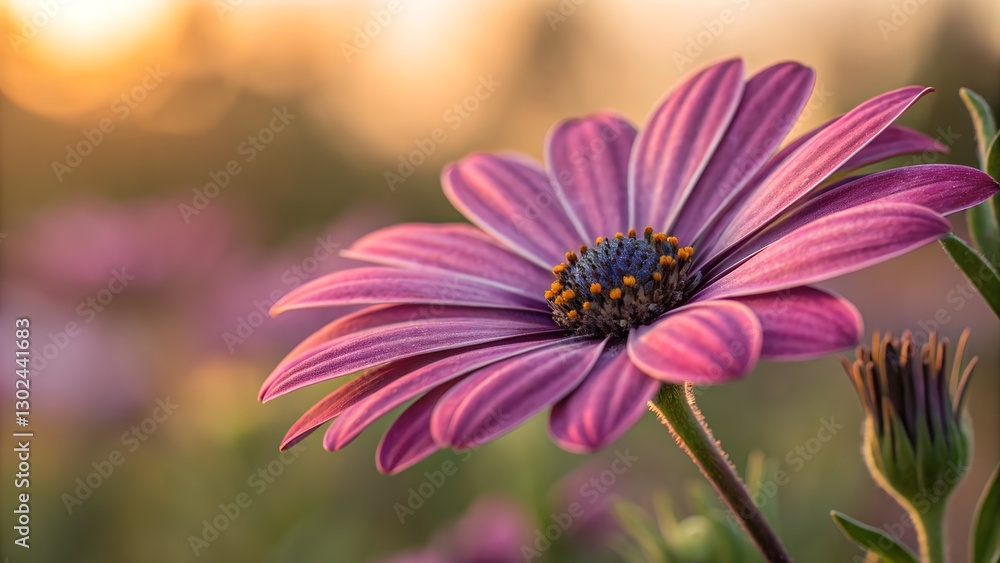Daisy's Embrace: A captivating shot of a vibrant purple daisy, bathed in the warm glow of the sun, with intricate details in full display. Daisy's Embrace: A captivating shot of a vibrant purple daisy, bathed in the warm glow of the sun, with intricate details in full display.
