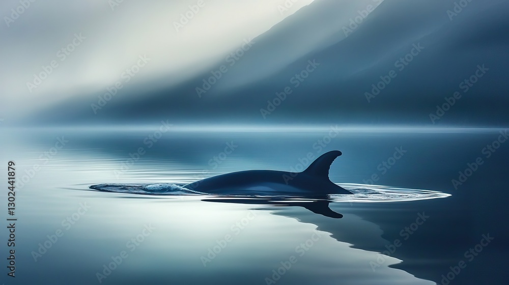 Obraz premium A wildlife photographer capturing a whale surfacing in the tranquil waters of the Inside Passage, breathtaking reflections of the mountains