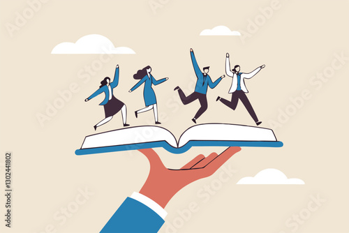 Employee handbook, manual for onboarding new staff, procedure or rule for welcome new hire to know company, business manual for success concept, businessman hand holding handbook with new employees.
