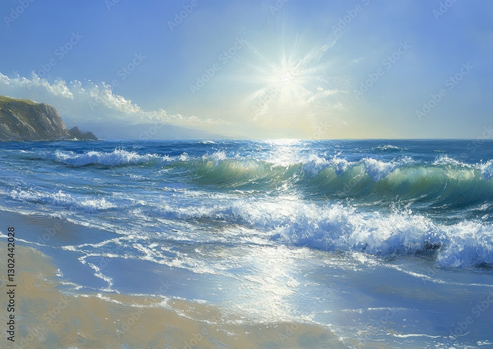 Fototapeta premium Serene Coastal Scene with Bright Sunlight Reflecting on Gentle Waves and Sandy Beach Under a Clear Blue Sky in Warm Gentle Sunrise