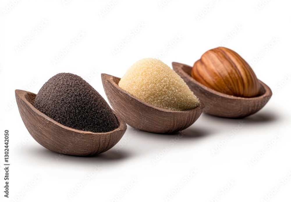 Artful Arrangement of Three Unique Natural Ingredients in Wooden Bowls on Soft White Background Artful Arrangement of Three Unique Natural Ingredients in Wooden Bowls on Soft White Background