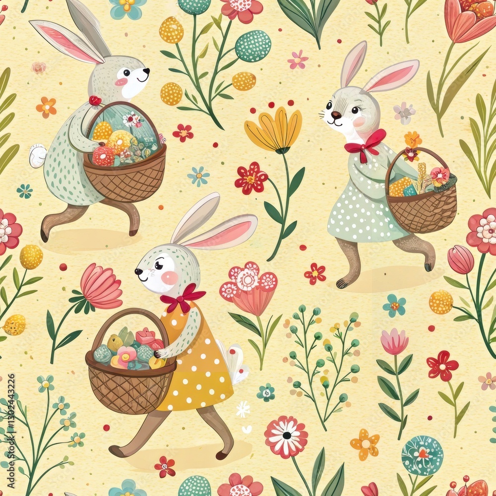 Obraz premium Seamless Spring Celebration Rabbits Gathering Flowers Nature Digital Illustration Whimsical Joyful Concept