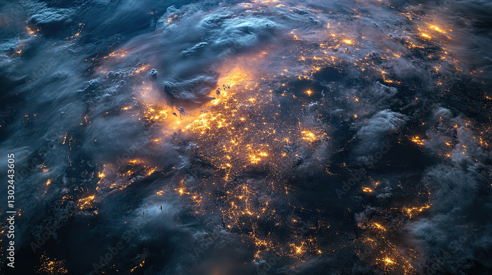 Nighttime Earth View from Space with Bright City Lights and Clouds Nighttime Earth View from Space with Bright City Lights and Clouds