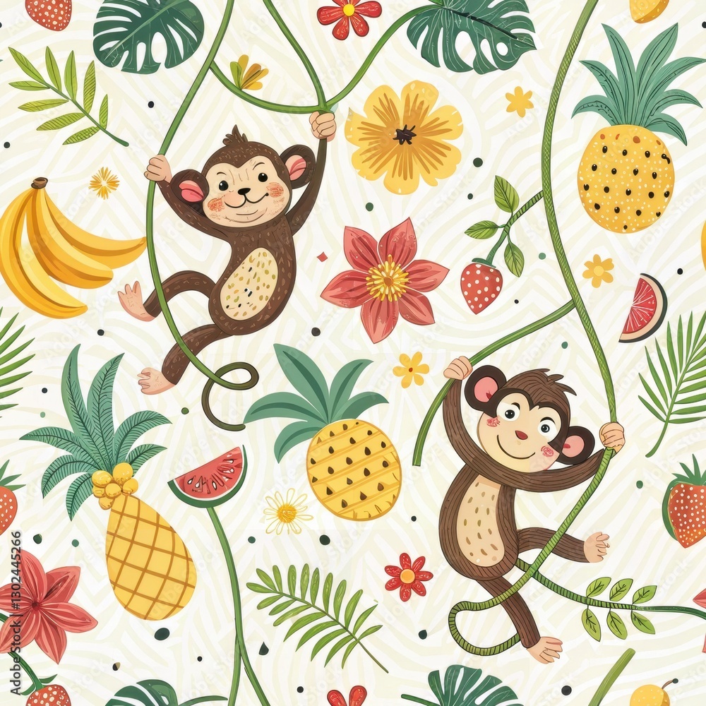 Naklejka premium Seamless Playful Monkeys and Tropical Fruits Jungle Vibe Illustrative Art Bright and Cheerful Atmosphere Whimsical Perspective