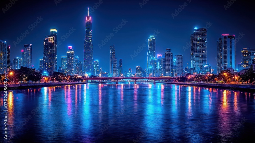 Obraz premium Night cityscape with vibrant reflections on calm water.