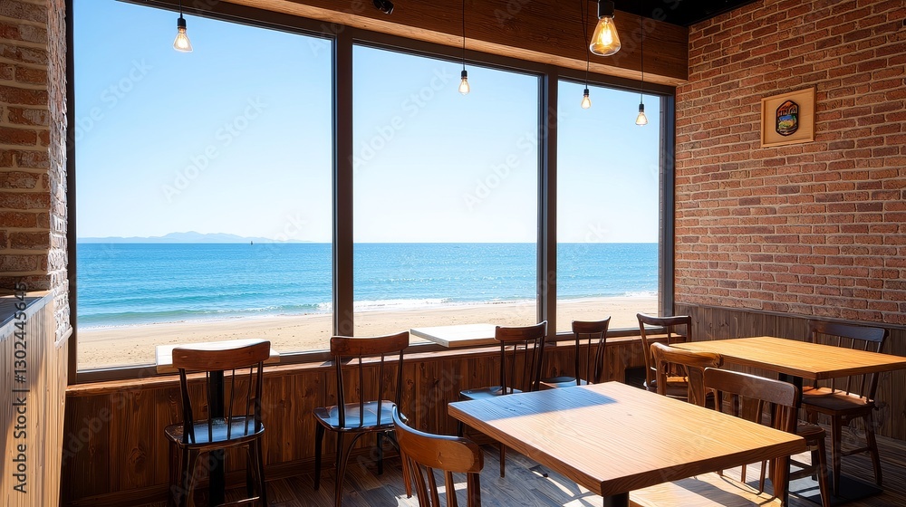 Cozy cafe with ocean view and wooden tables. Cozy cafe with ocean view and wooden tables.
