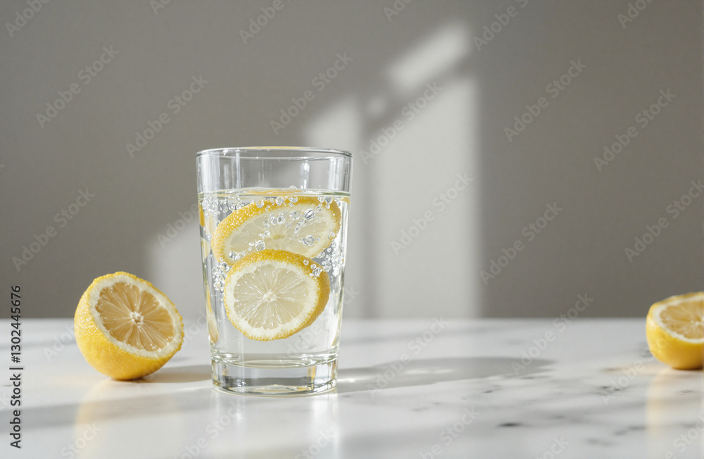 Lemon slices in a refreshing drink with calm ambiance and soft natural lighting Lemon slices in a refreshing drink with calm ambiance and soft natural lighting