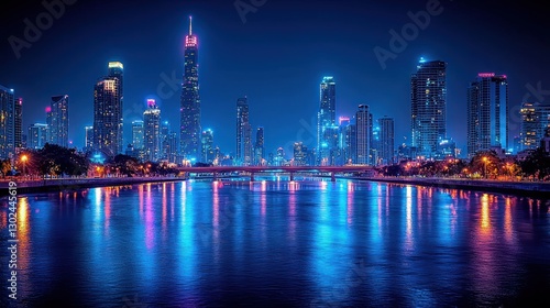 Wallpaper Mural Night cityscape with vibrant reflections on calm water. Torontodigital.ca