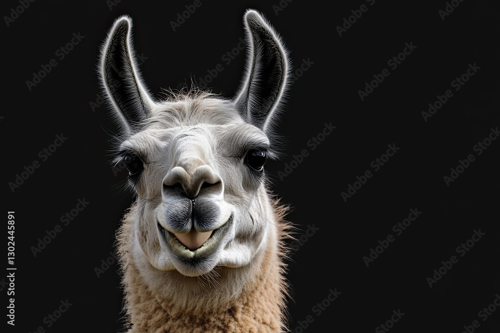 Fototapeta premium A close up portrait shows a smiling llama animal