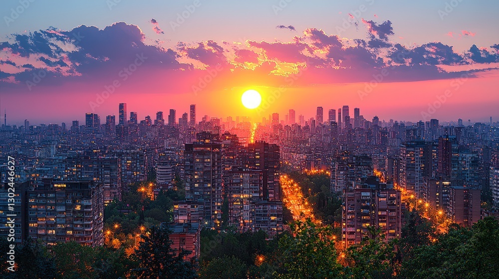 Obraz premium Vibrant sunset over a sprawling cityscape.