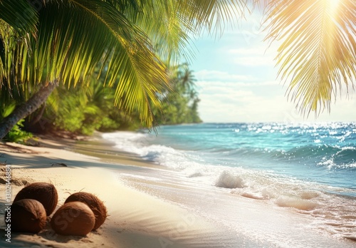 Wallpaper Mural Serene Tropical Beach Scene with Sunlight, Palm Trees, Gentle Waves, and Fresh Coconut on Sandy Shore Torontodigital.ca