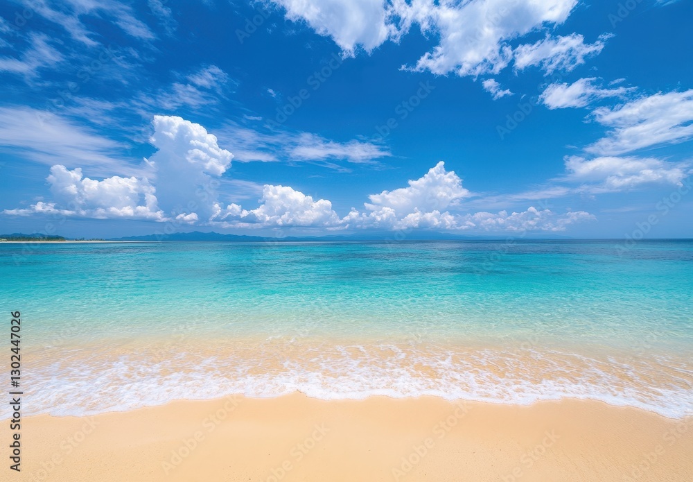 Serene Tropical Beach with Clear Water and Gentle Waves Under Bright Blue Sky with Fluffy Clouds and Sunlight Reflection on Sandy Shore Serene Tropical Beach with Clear Water and Gentle Waves Under Bright Blue Sky with Fluffy Clouds and Sunlight Reflection on Sandy Shore