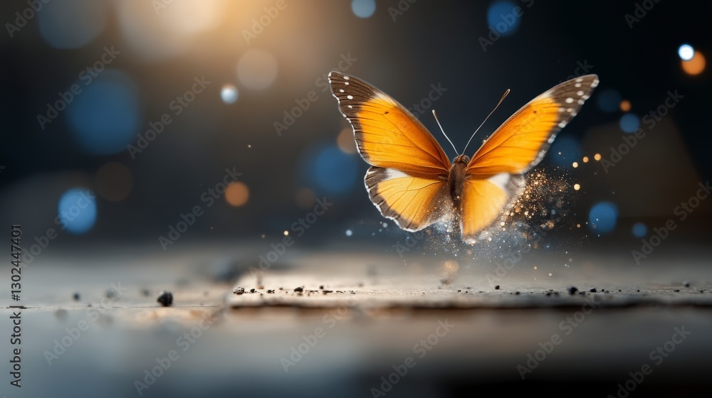Obraz premium Vibrant Butterfly in Flight with Sparkling Dust and Bokeh Background for Nature and Wildlife Photography