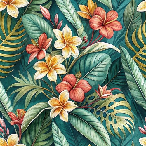 Wallpaper Mural Seamless Tropical Floral Design Botanical Garden Digital Artwork Lush Environment Close-up View Vibrant Aesthetics Torontodigital.ca