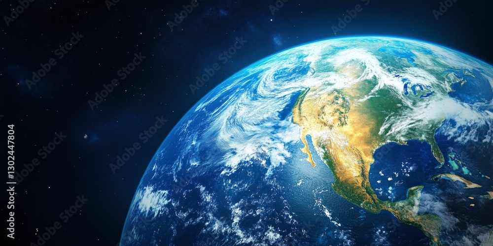 Obraz premium Earth from Space: A breathtaking view of planet Earth from space, showcasing the vibrant blues of oceans, the swirls of clouds, and the continents illuminated. 